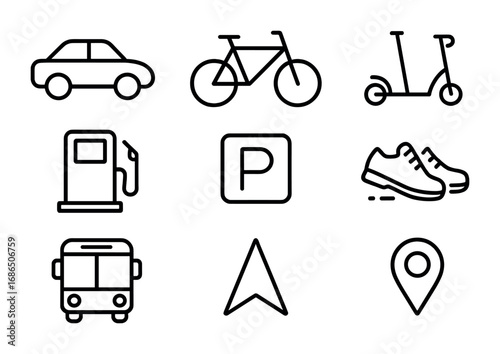 Transportation Icon Set. Outline icon set of transportation for errands: car, bicycle, scooter, fuel pump,