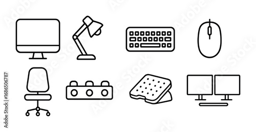 Workstation Icon Grid. Outline icon set of workstation setup: monitor, desk lamp, keyboard, mouse, chair,