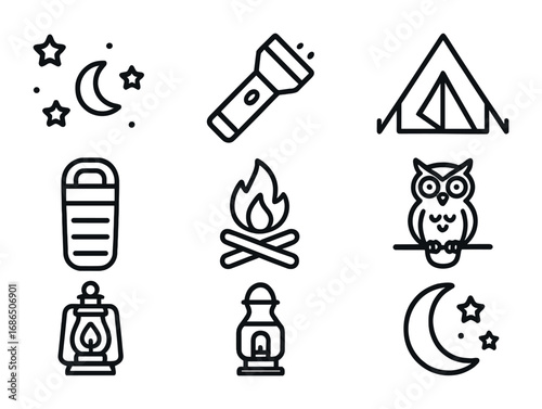 Night Activities Icons. Outline icon set of night activities: starry sky, flashlight, tent, sleeping bag,