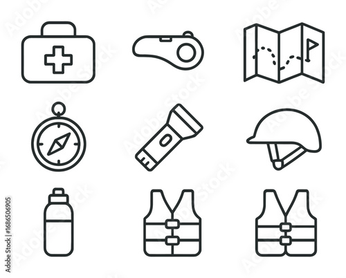 Camping Safety Icons. Outline icon set of camp safety: first aid kit, whistle, map, compass, flashlight,