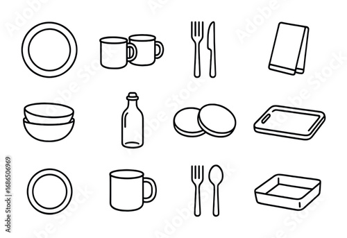 Rustic Tableware Icons. Outline icon set of rustic tableware: ceramic plates, enamel mugs, cutlery, napkins,