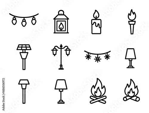 Outdoor Lighting Icons. Outline icon set of outdoor lighting: string lights, lantern, candle, torch, solar