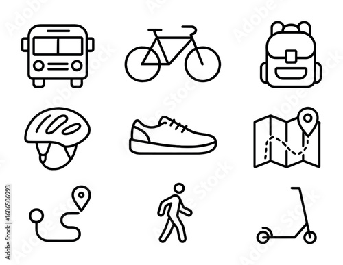 School Transport Icons. Outline icon set of school transport: bus, bicycle, backpack, helmet, shoes, map,