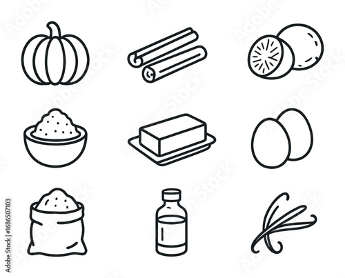 Thanksgiving Ingredients Icons. Outline icon set of Thanksgiving ingredients: pumpkin, cinnamon sticks, nutmeg