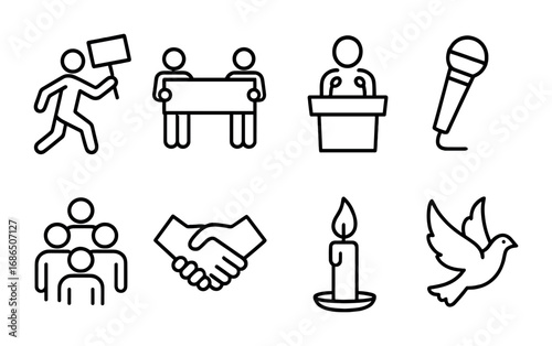 Civil Rights Icons. Outline icon set of Civil rights activism: march, banner, podium, microphone, crowd,