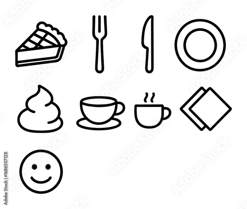 Pie Eating Icons. Outline icon set of Pie serving and eating: fork, knife, plate, whipped cream, tea cup,
