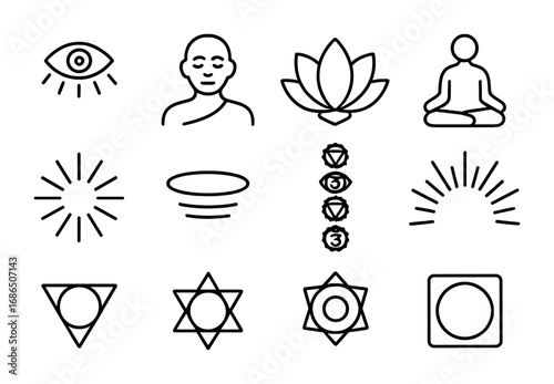 Spiritual Awakening Icons. Outline icon set of Spiritual awakening: third eye, enlightenment, lotus flower,