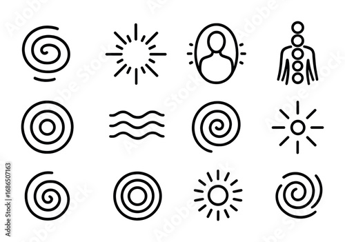 Energy Flow Icons. Outline icon set of Energy flow visualization: spiral energy, light beams, aura glow,
