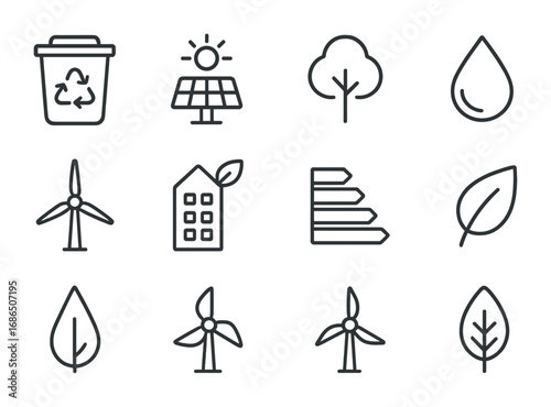 Environmental Icon Set. Outline icon set of Environmental codes: recycling bin, solar panel, tree, water drop,