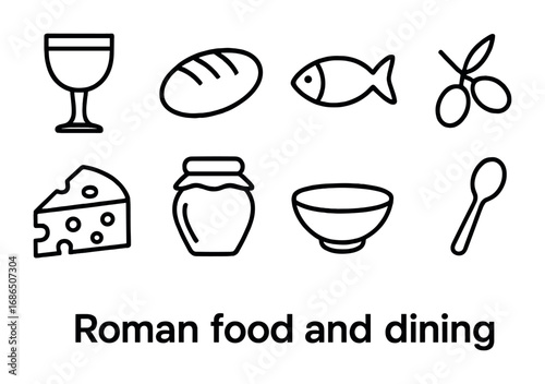 Roman Dining Icons. Outline icon set of Roman food and dining: wine cup, bread loaf, fish, olive, cheese,