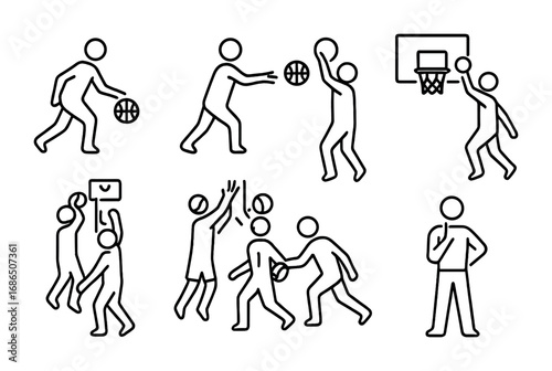 Basketball Action Icons. Outline icon set of Basketball game actions: dribble, pass, shoot, rebound, block,