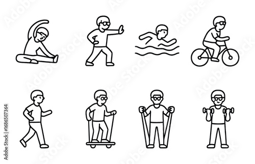 Senior Fitness Icons Grid. Outline icon set of Senior fitness activities: stretching, tai chi, swimming,