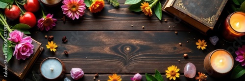 Dark brown wooden table; dried flowers, herbs, crystals, candles, aged books surround central space , healing, vintage