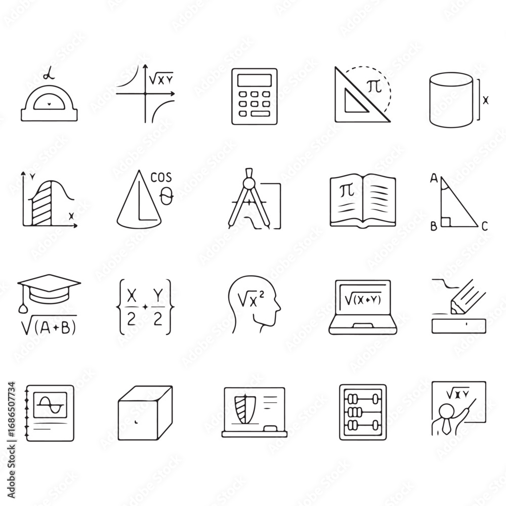 Fototapeta premium Mathematics Line Icons Set – Geometry, Algebra, Calculator, Pi Symbol, Formula Vector Pack. Includes geometry instruments, calculator, formulas, pi symbol, square root, infinity, percentage, sigma, 