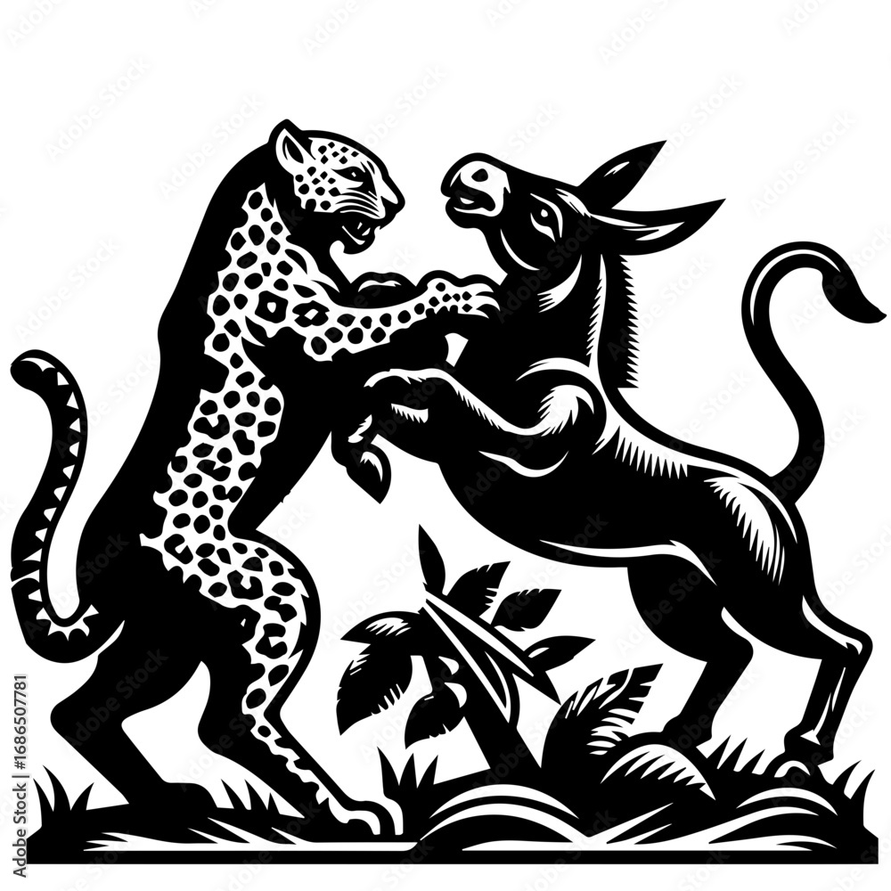 Obraz premium A black and white illustration of a leopard and a donkey fighting in a jungle setting with plants