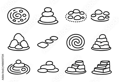 Rock Garden Icons. Outline icon set of Rock garden layouts: circular pattern, layered stones, pebble border,