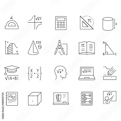 Mathematics Line Icons Set – Geometry, Algebra, Calculator, Pi Symbol, Formula Vector Pack. Includes geometry instruments, calculator, formulas, pi symbol, square root, infinity, percentage, sigma, 