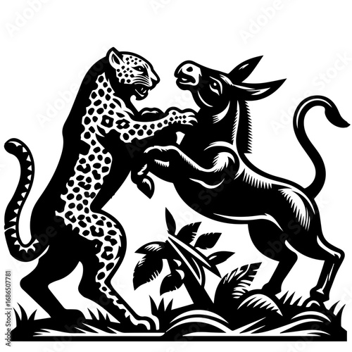 A black and white illustration of a leopard and a donkey fighting in a jungle setting with plants