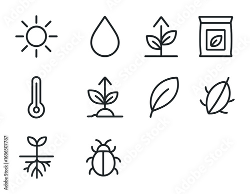 Plant Care Icons. Outline icon set of Plant health and growth icons: sun, water droplet, fertilizer,