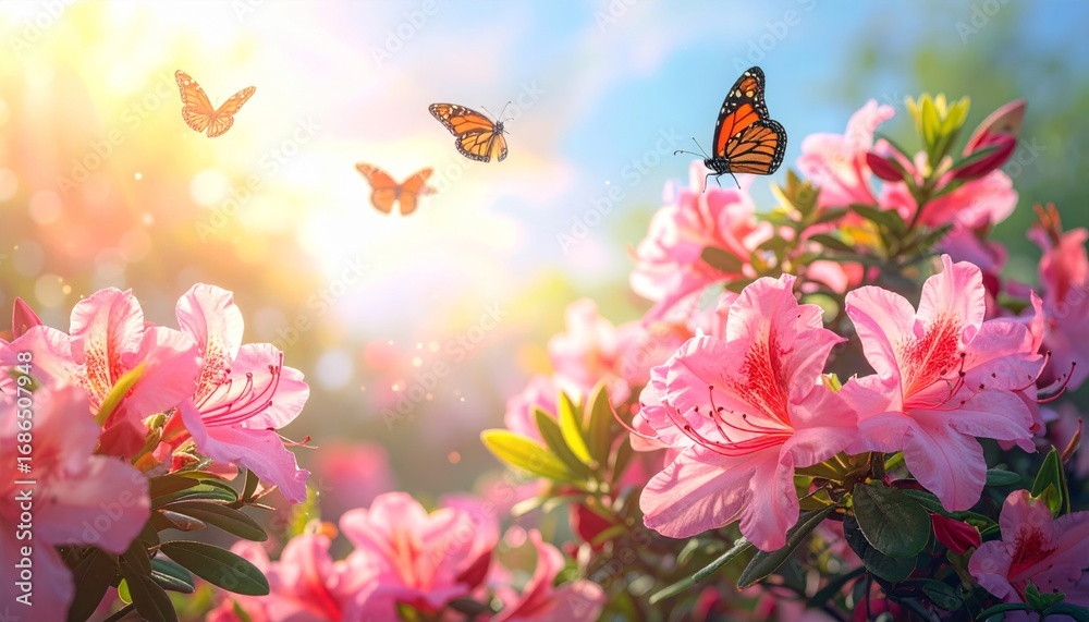 Fototapeta premium Colorful Butterflies Dancing Among Blooming Pink Flowers in Nature