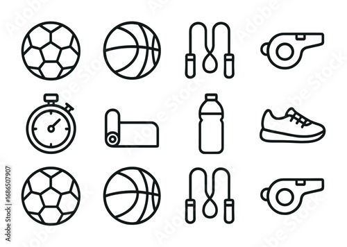 Sports Icons Grid. Outline icon set of Sports and physical education: soccer ball, basketball, jump rope,