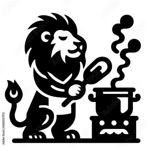 A lion standing and cooking with a pot on a stove releasing steam in a black and white illustration
