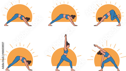 Morning yoga poses with sun background, fitness exercise sequence, healthy lifestyle, stretching, balance, strength, wellness, meditation, outdoor energy, vitality