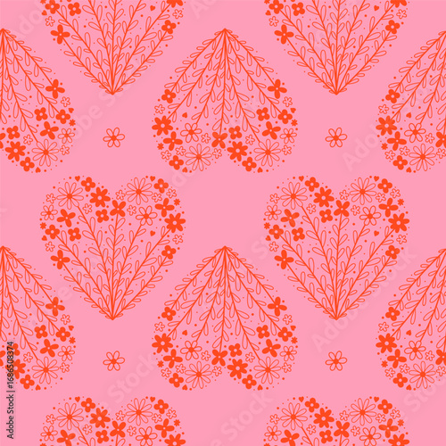 Seamless pattern with hearts made of flowers on a pink background. Vector graphics.
