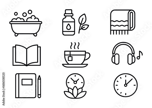 Stress Relief Icons. Outline icon set of Stress relief activities: bubble bath, essential oils, cozy blanket,