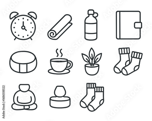 Daily Self-Care Icons. Outline icon set of Daily self-care: alarm clock, yoga mat, water bottle, journal,