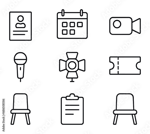 Audition Icon Set. Outline icon set of Audition process: application form, calendar, video camera, microphone,