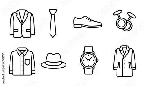 Menswear Icon Set. Outline icon set of menswear fashion: suit, tie, shoes, cufflinks, watch, coat, shirt, hat.