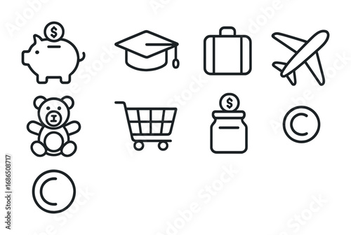Family Savings Icons. Outline icon set of saving for family goals: piggy bank, graduation cap, suitcase,