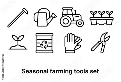 Seasonal Farming Icons. Outline icon set of seasonal farming tools: hoe, watering can, tractor, seedling tray,