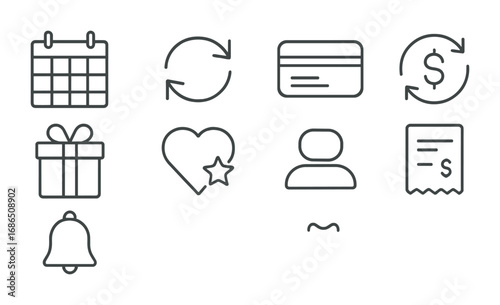 Subscription Icons Grid. Outline icon set of subscription business model: monthly calendar, auto-renewal