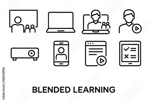 Blended Learning Icons. Outline icon set of blended learning: classroom board, laptop, hybrid class icon,
