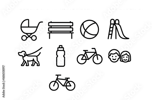 Outdoor Family Icons. Outline icon set of outdoor family time: stroller, park bench, ball, playground slide,