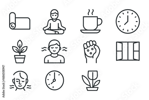 Stress Management Icons. Outline icon set of stress management at work: yoga mat, meditation icon, coffee