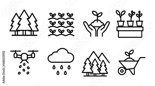Reforestation Icon Set. Outline icon set of reforestation: forest icon, seedlings in rows, planting hands,