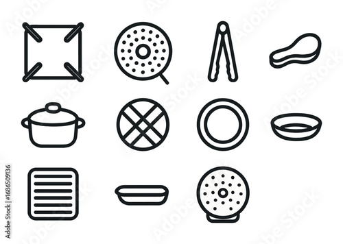 Stovetop Icon Set. Outline icon set of stovetop accessories: pan support, splatter guard, cooking tongs, spoon