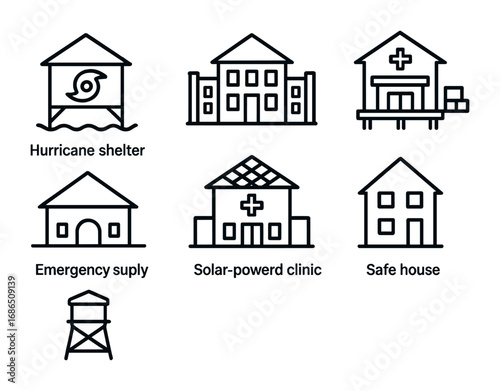 Disaster-Resilient Building Icons. Outline icon set of disaster-resilient community buildings: hurricane