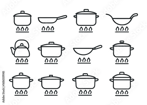 Cooking Pots Icons. Outline icon set of cooking pots on burners: saucepan, frying pan, stockpot, wok, tea