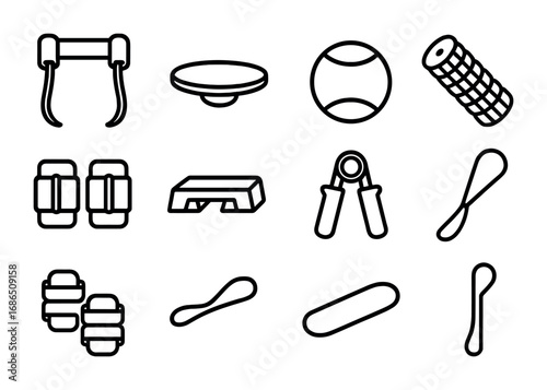 Physical Therapy Icons. Outline icon set of physical therapy exercises: resistance band, balance board,