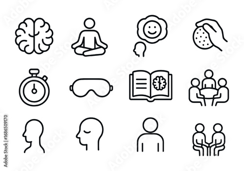 Sports Mental Recovery Icons. Outline icon set of mental recovery in sports: brain icon, meditation pose,