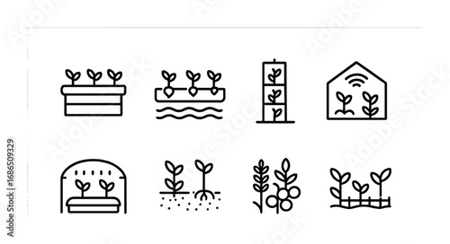 Resilient Farming Icons. Outline icon set of resilient farming systems: raised bed, hydroponics system,