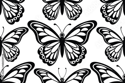 A repeating pattern of intricate black outline butterflies on a white background.