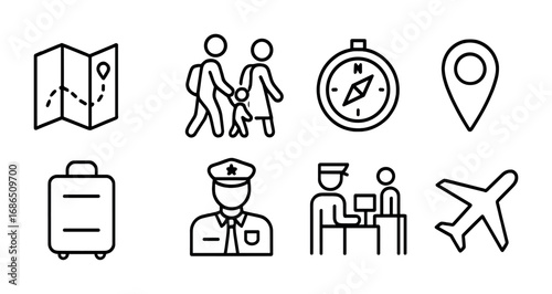 Safe Migration Icons. Outline icon set of safe migration: map with route, family walking, compass, GPS pin,