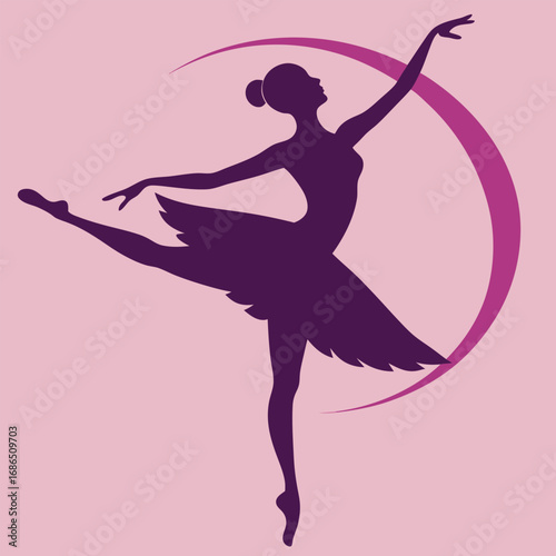 A captivating silhouette of a ballerina mid-leap, depicted in a rich, deep purple against a light, pastel pink backdrop.