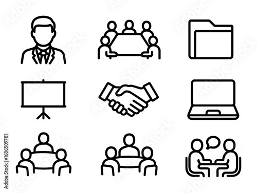 Board Meeting Icons. Outline icon set of administrators in board meetings: principal icon, conference table,