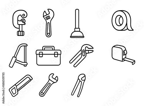 Plumbing Tools Icons. Outline icon set of plumbing tools: pipe cutter, adjustable wrench, plunger, Teflon tape